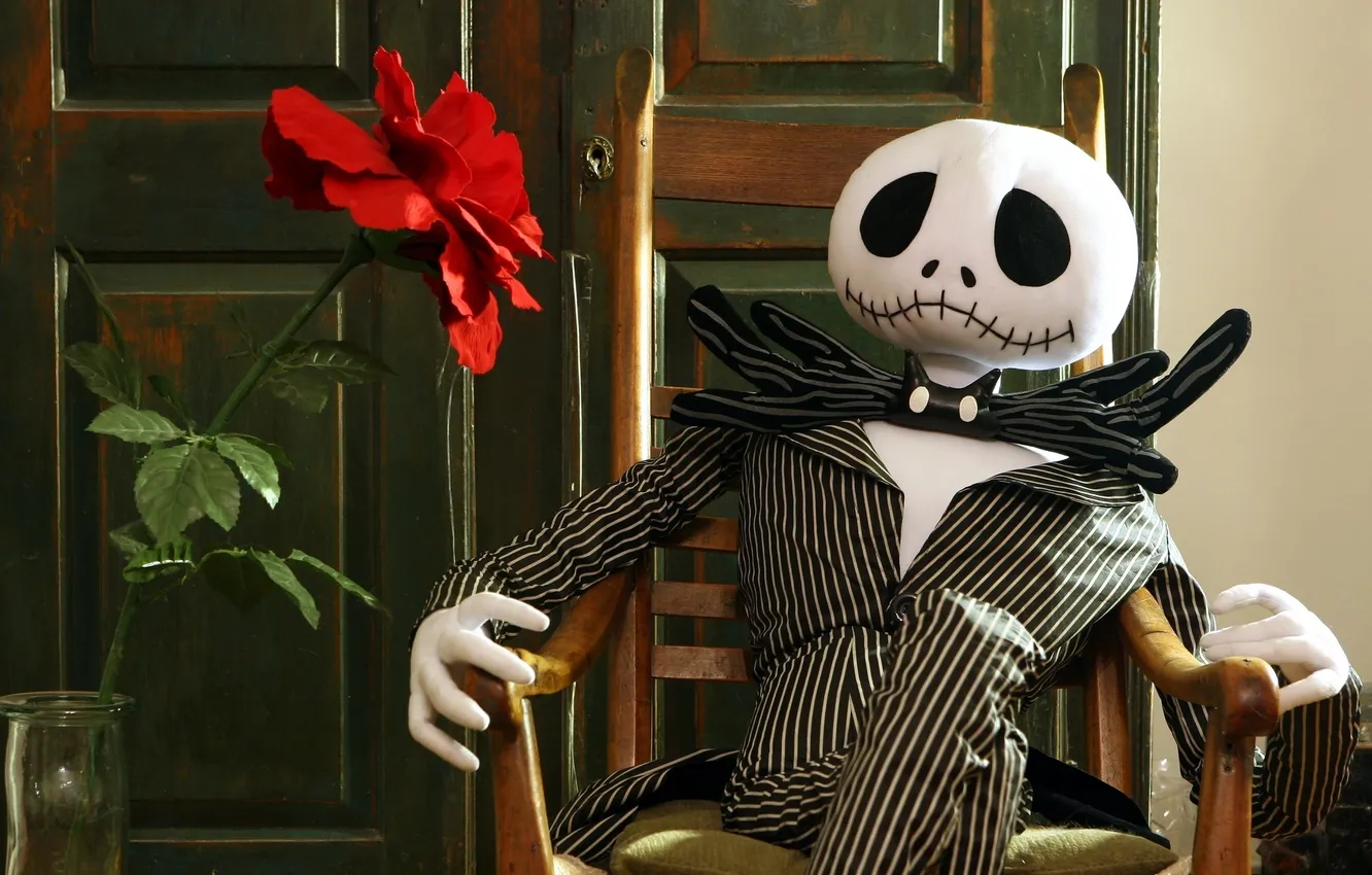 Photo wallpaper red, face, butterfly, roses, doll, the door, chair, costume