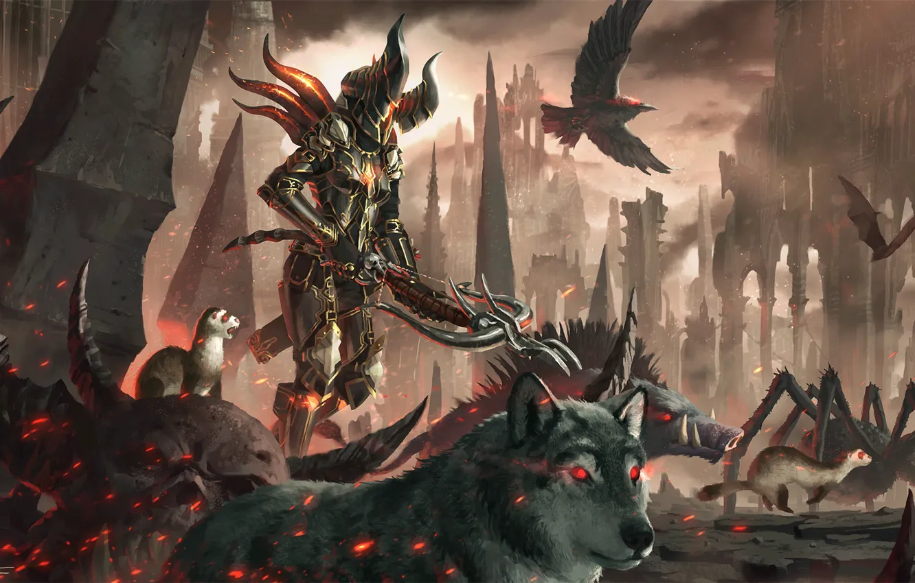 Photo wallpaper wolf, art, Blizzard, Diablo 3, Demon Hunter, crossbow