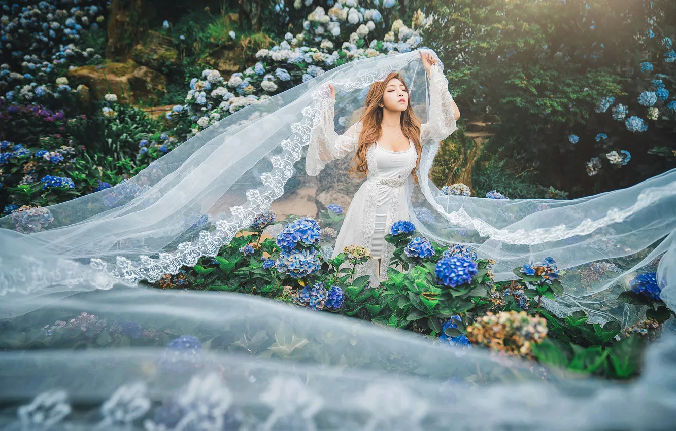 Photo wallpaper girl, flowers, nature, garden, fabric, Asian, the bride, white dress