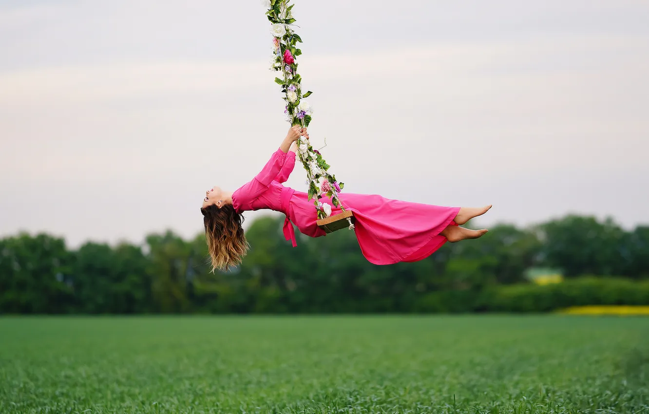 Photo wallpaper girl, flowers, swing, pink dress