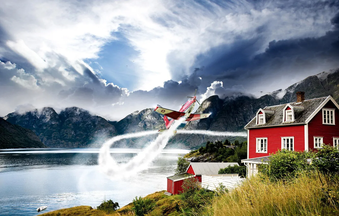 Photo wallpaper mountains, nature, lake, house, the plane, peak