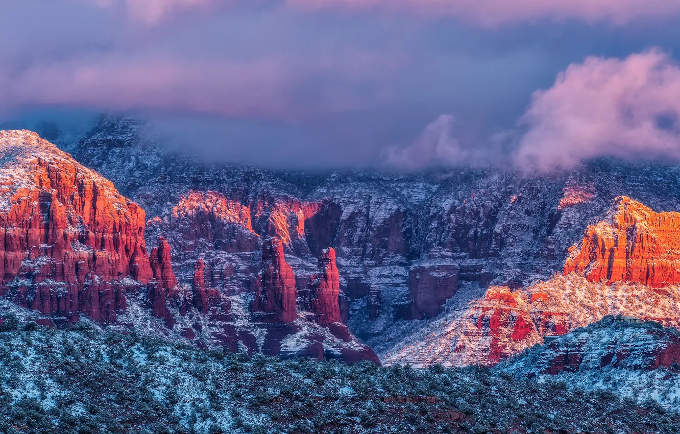 Photo wallpaper winter, frost, the sky, clouds, light, snow, mountains, rocks