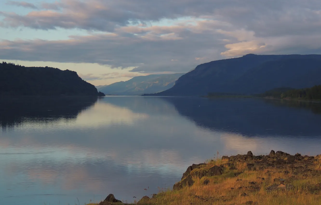 Photo wallpaper clouds, lake, hills, the evening