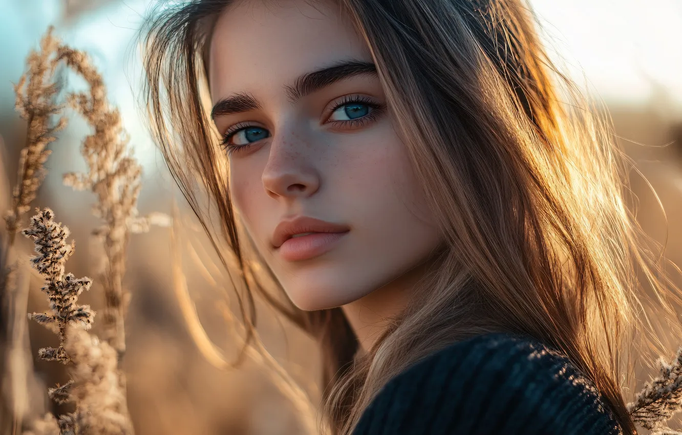 Photo wallpaper field, look, girl, the sun, light, nature, face, portrait