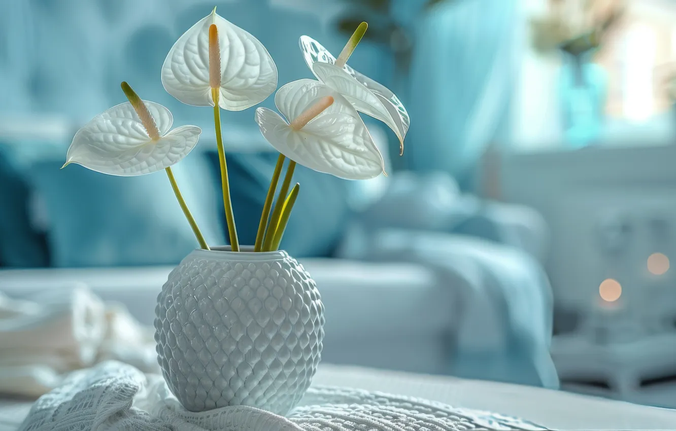 Photo wallpaper white, flowers, table, room, sofa, interior, bouquet, pillow