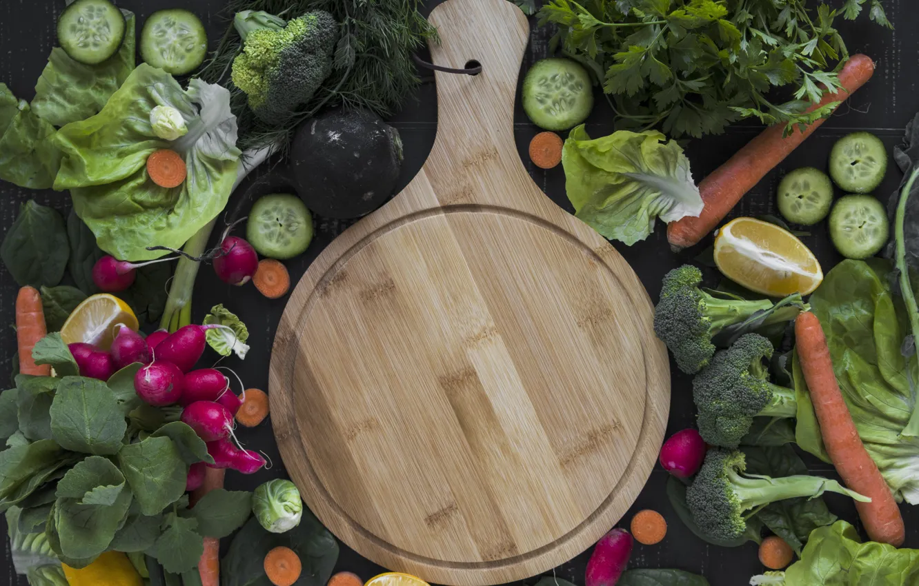 Photo wallpaper greens, lemon, Board, vegetables, carrots, radishes