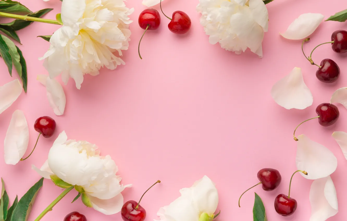 Photo wallpaper flowers, cherry, berries, peonies