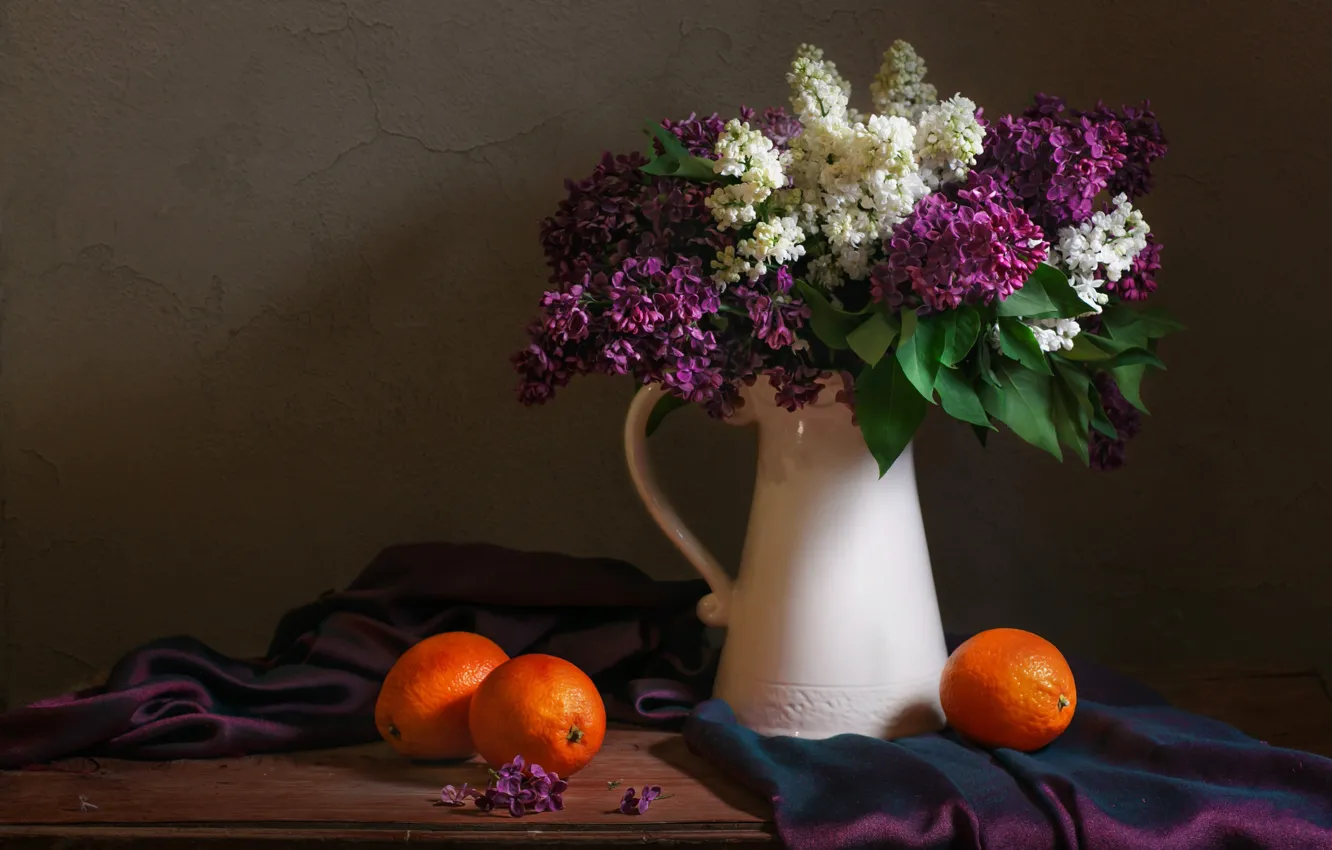 Photo wallpaper branches, oranges, fabric, pitcher, still life, lilac, shawl