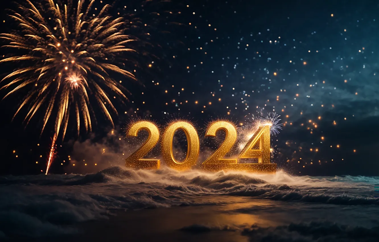 Photo wallpaper salute, figures, New year, golden, numbers, New year, 2024, fieworks