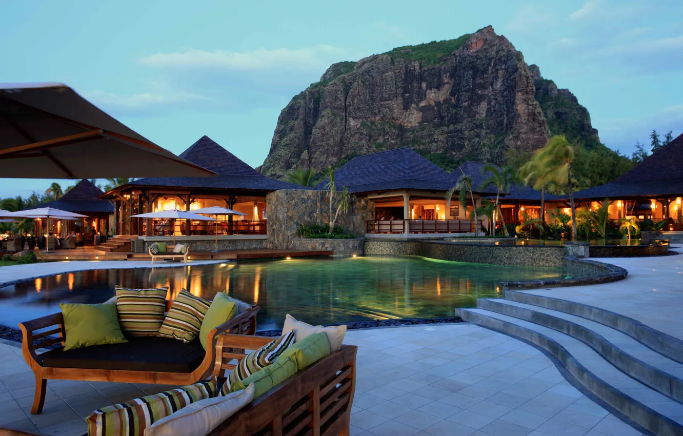 Photo wallpaper palm trees, the evening, pool, resort