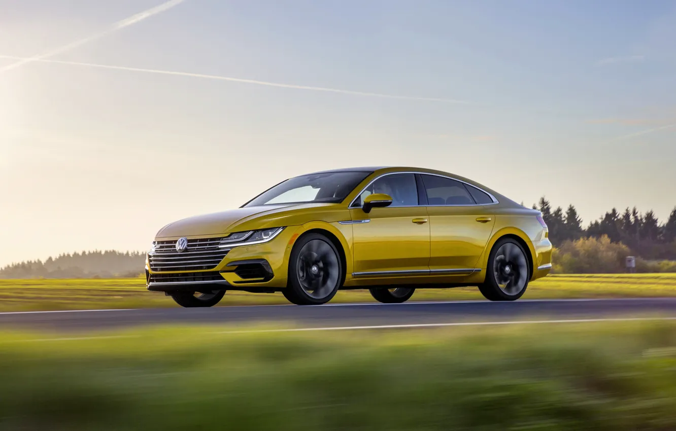 Photo wallpaper yellow, movement, Volkswagen, 2018, R-Line, liftback, Arteon, 2019