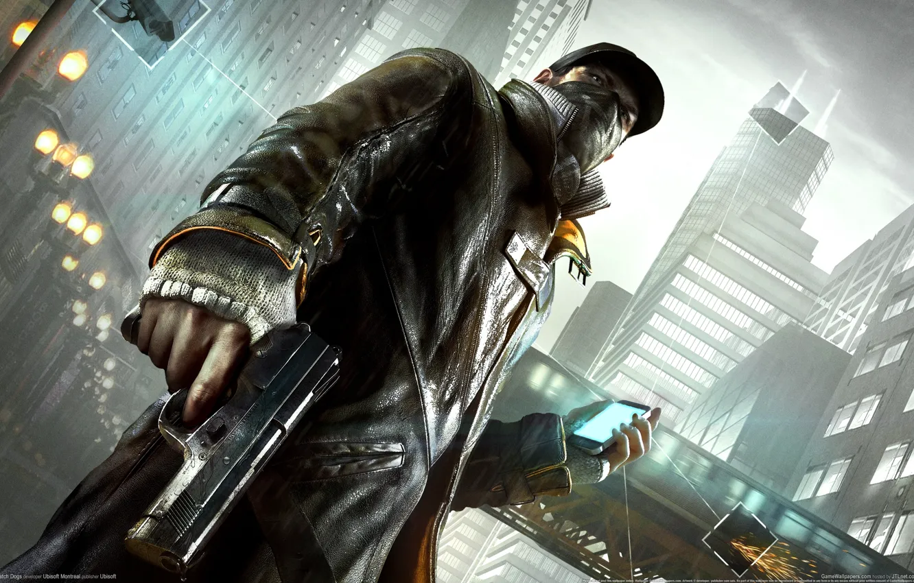 Photo wallpaper the city, gun, camera, phone, link, observation, Watch Dogs, Aiden Pearce