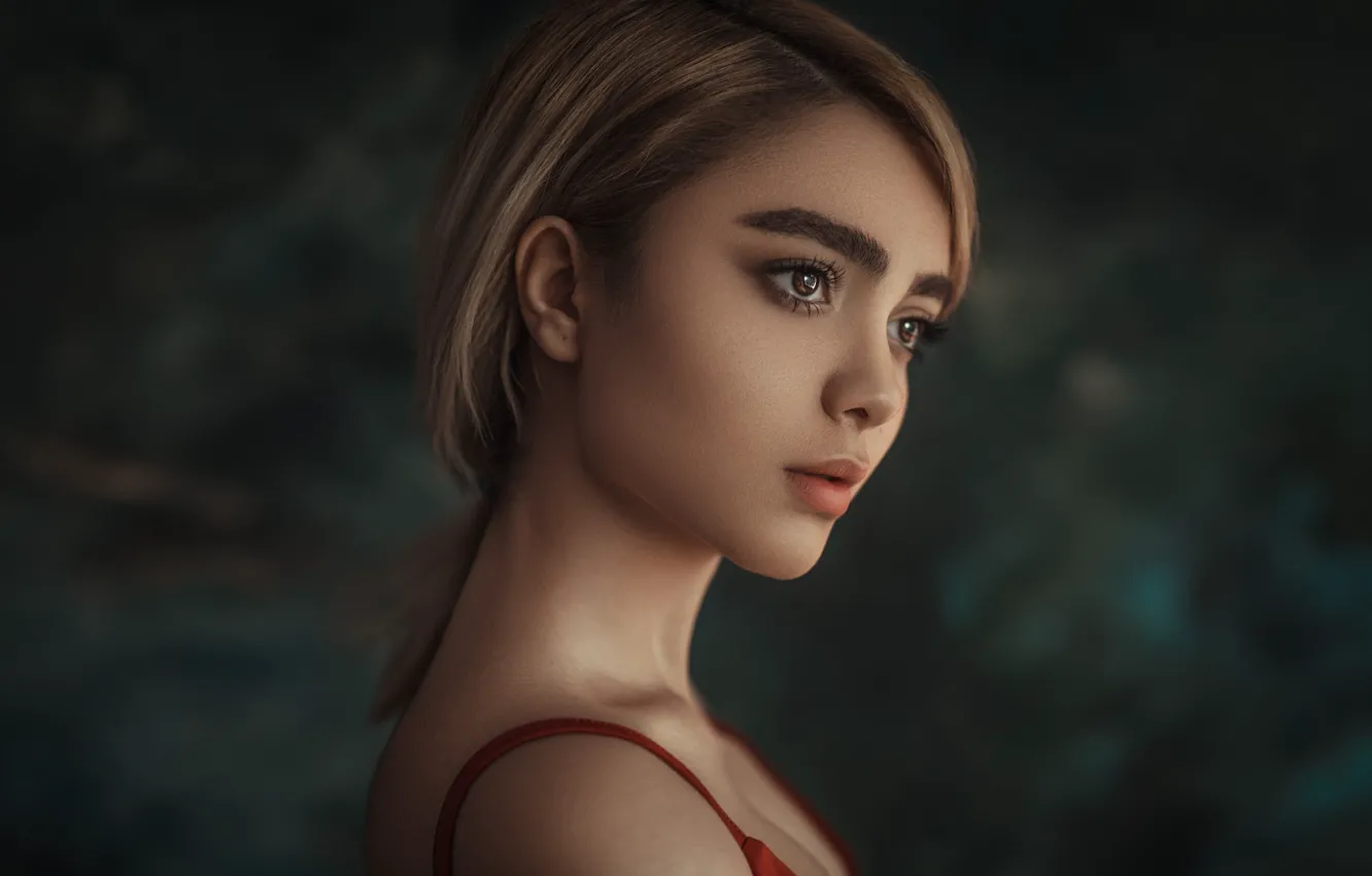 Photo wallpaper background, portrait, makeup, hairstyle, blonde, beautiful, in red, photoshoot