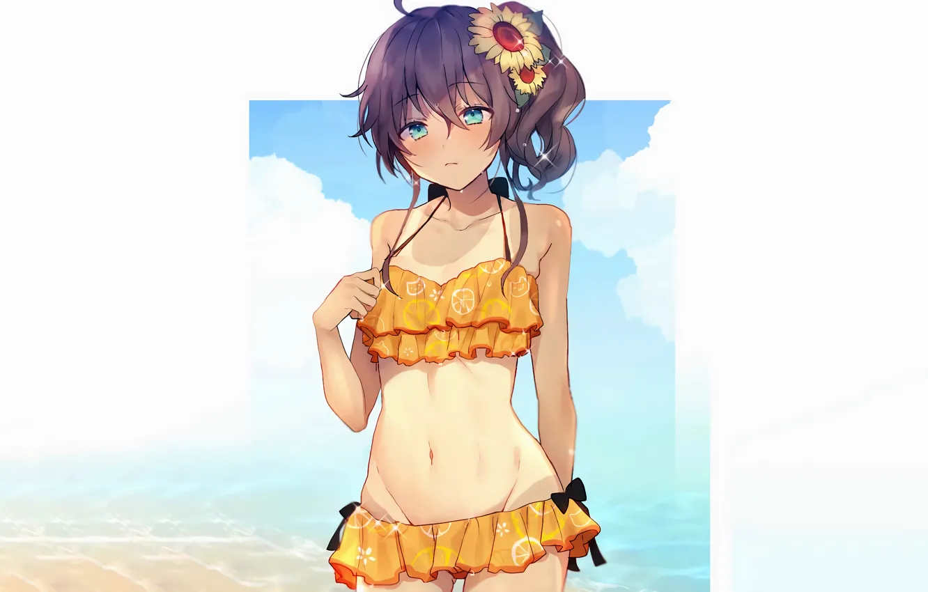 Photo wallpaper girl, sexy, cleavage, beach, green eyes, boobs, anime, beautiful