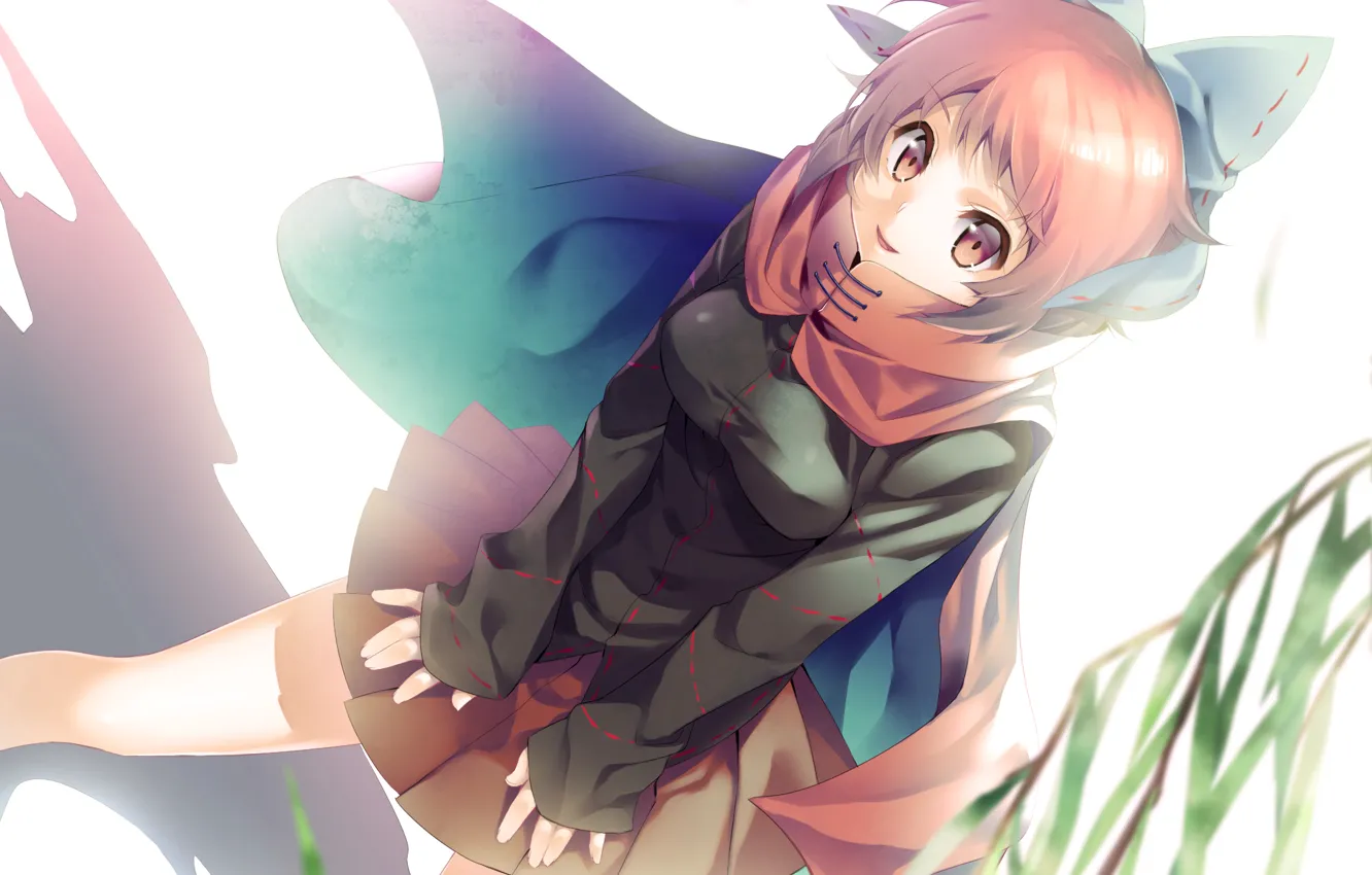Photo wallpaper look, girl, smile, the wind, branch, scarf, touhou, art