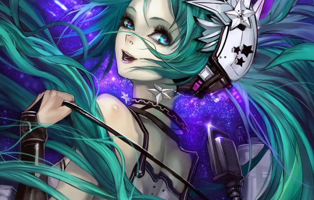 Photo wallpaper emotions, wire, back, art, microphone, vocaloid, hatsune miku, Vocaloid