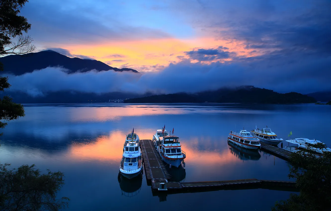 Photo wallpaper the sky, clouds, mountains, lake, ships, the evening, pier