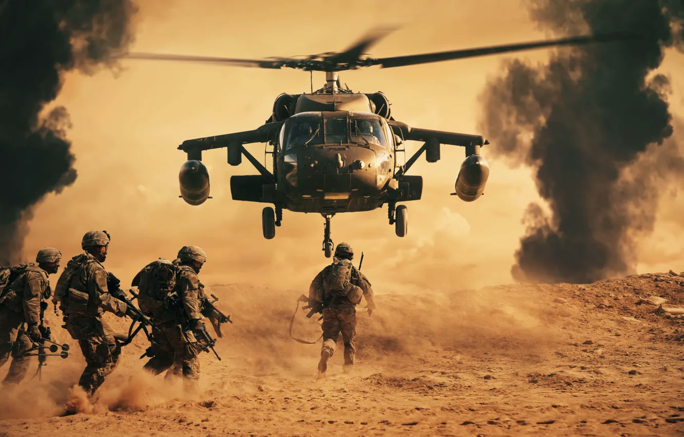 Photo wallpaper smoke, dust, soldiers, battlefield, helicopter, soldiers, battlefield, helicopter