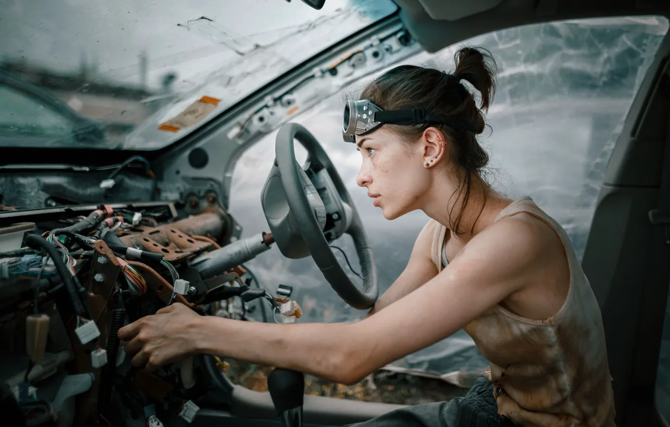 Photo wallpaper auto, girl, freckles, repair, salon, Andrey Vasilyev, Elizabeth Mills