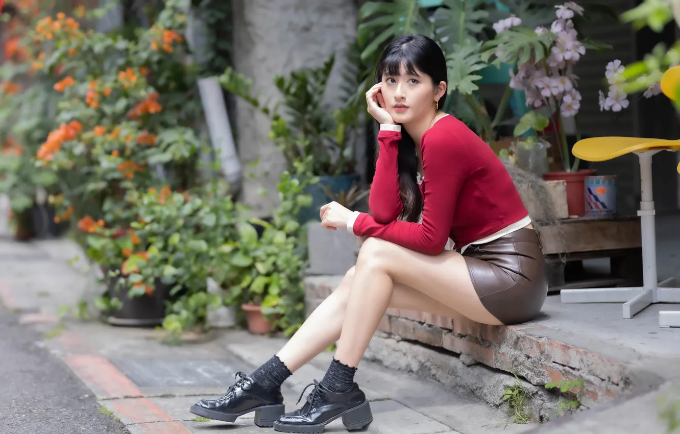 Photo wallpaper girl, skirt, blouse, legs, Asian