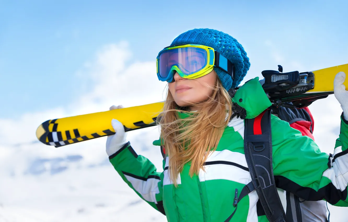 Photo wallpaper winter, the sky, girl, snow, mountains, pose, background, hat