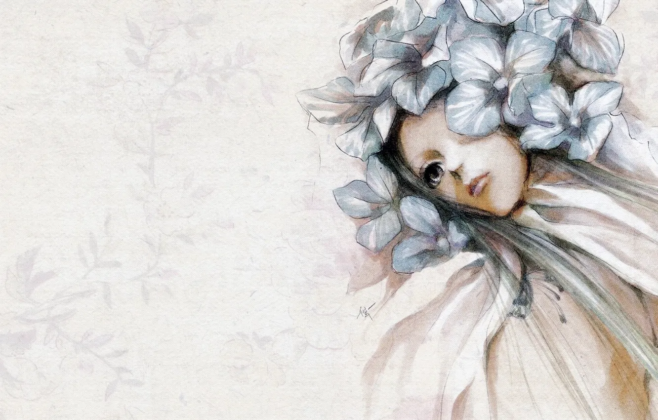 Photo wallpaper leaves, girl, flowers, figure