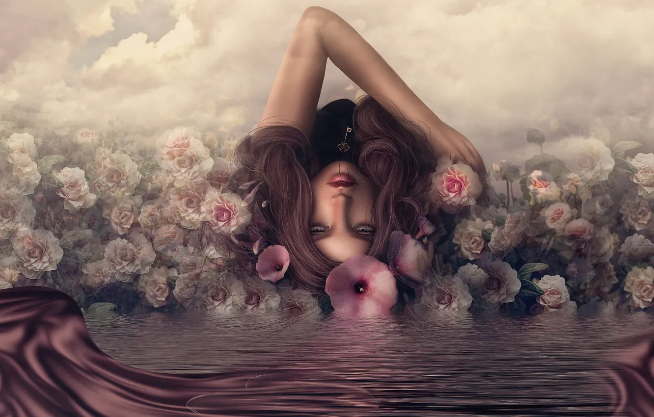 Photo wallpaper water, girl, reflection, roses, key