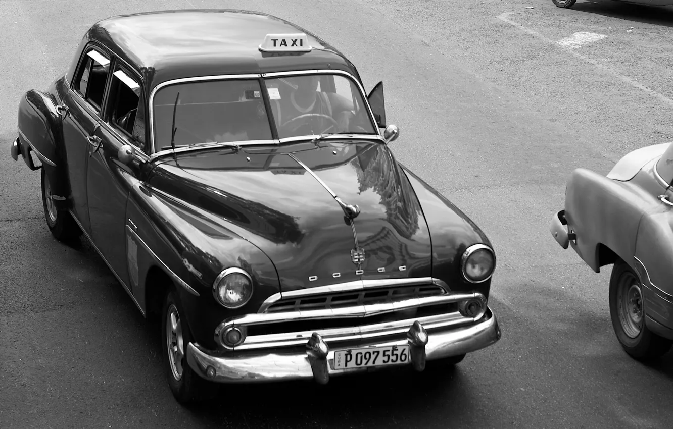 Photo wallpaper retro, black and white, Dodge, taxi, vintage, Havana, 1960s
