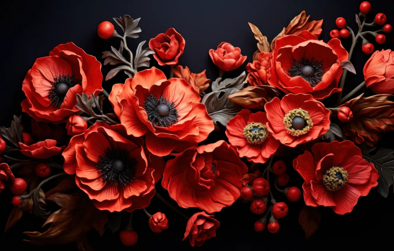 Photo wallpaper flowers, red, Maki, black background, composition, AI art, neural network