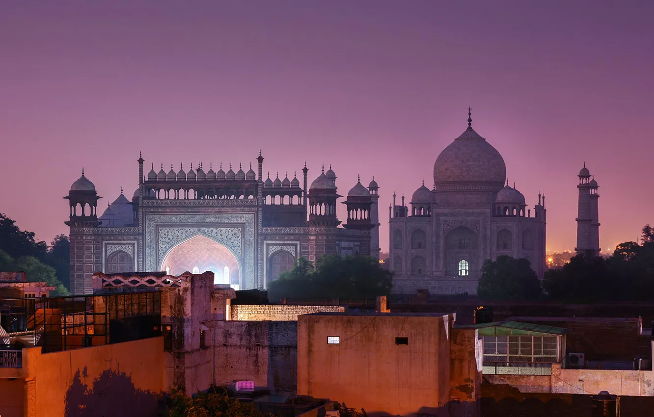 Photo wallpaper night, the city, tower, India, Taj Mahal, backlight, architecture, the dome