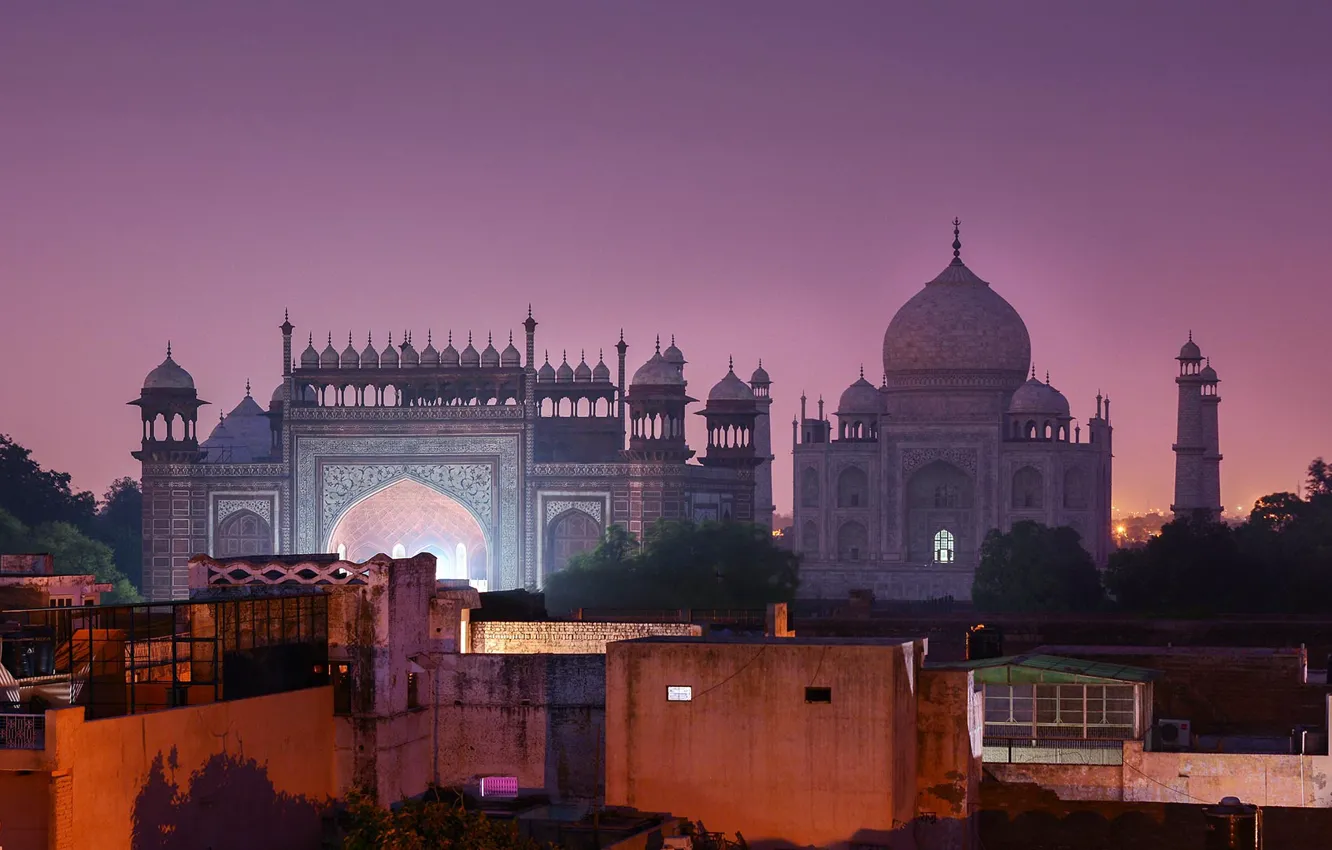 Photo wallpaper night, the city, India, Taj Mahal, backlight, tower, architecture, dome