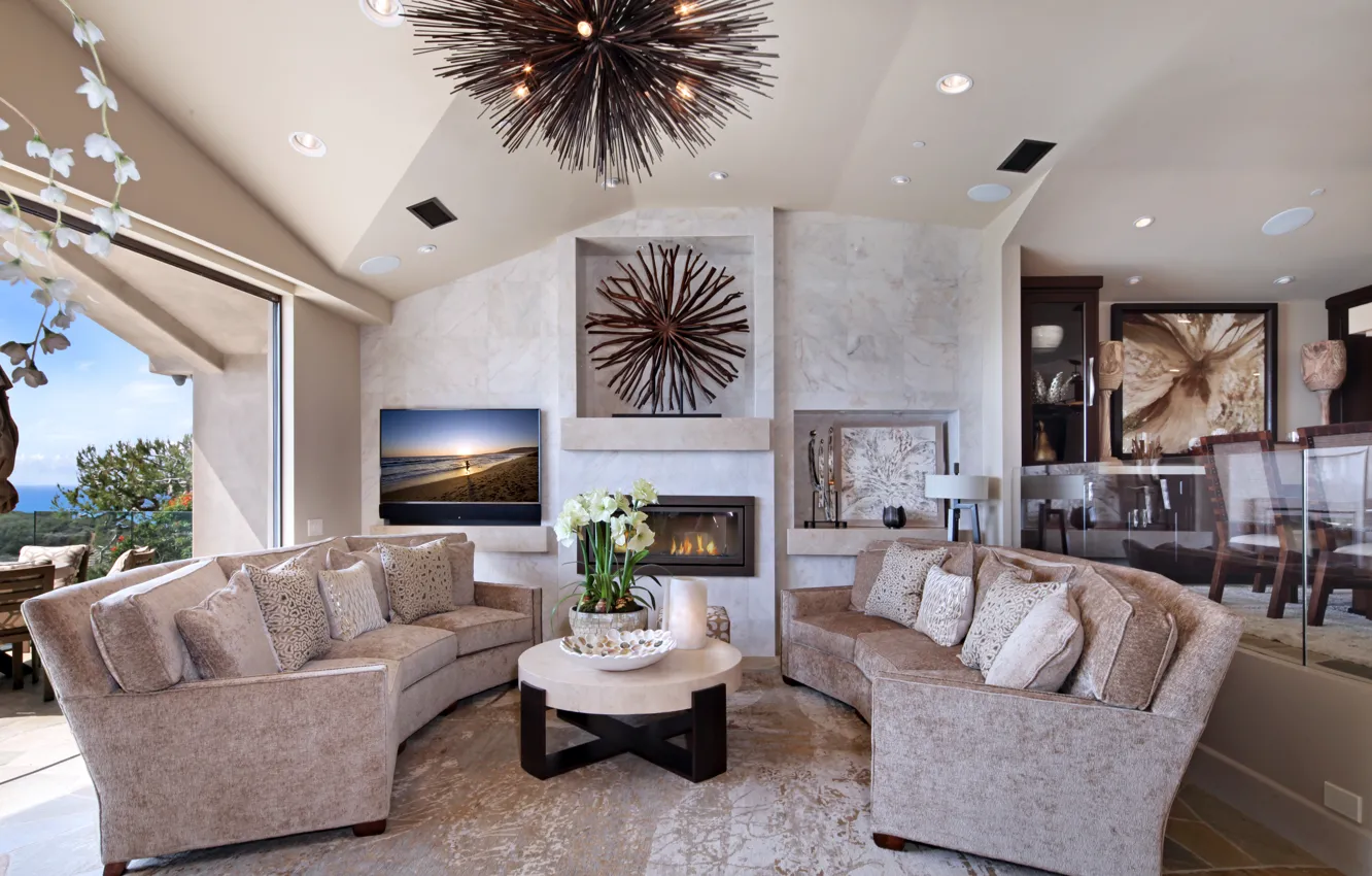 Photo wallpaper design, sofa, Villa, design, Orchid, living room, interior, living
