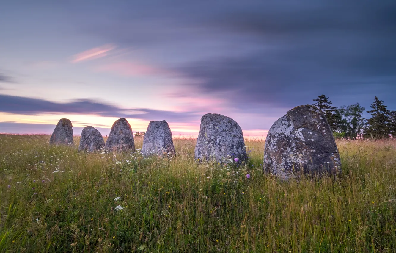 Photo wallpaper field, summer, the sky, grass, clouds, stones, meadow, boulders