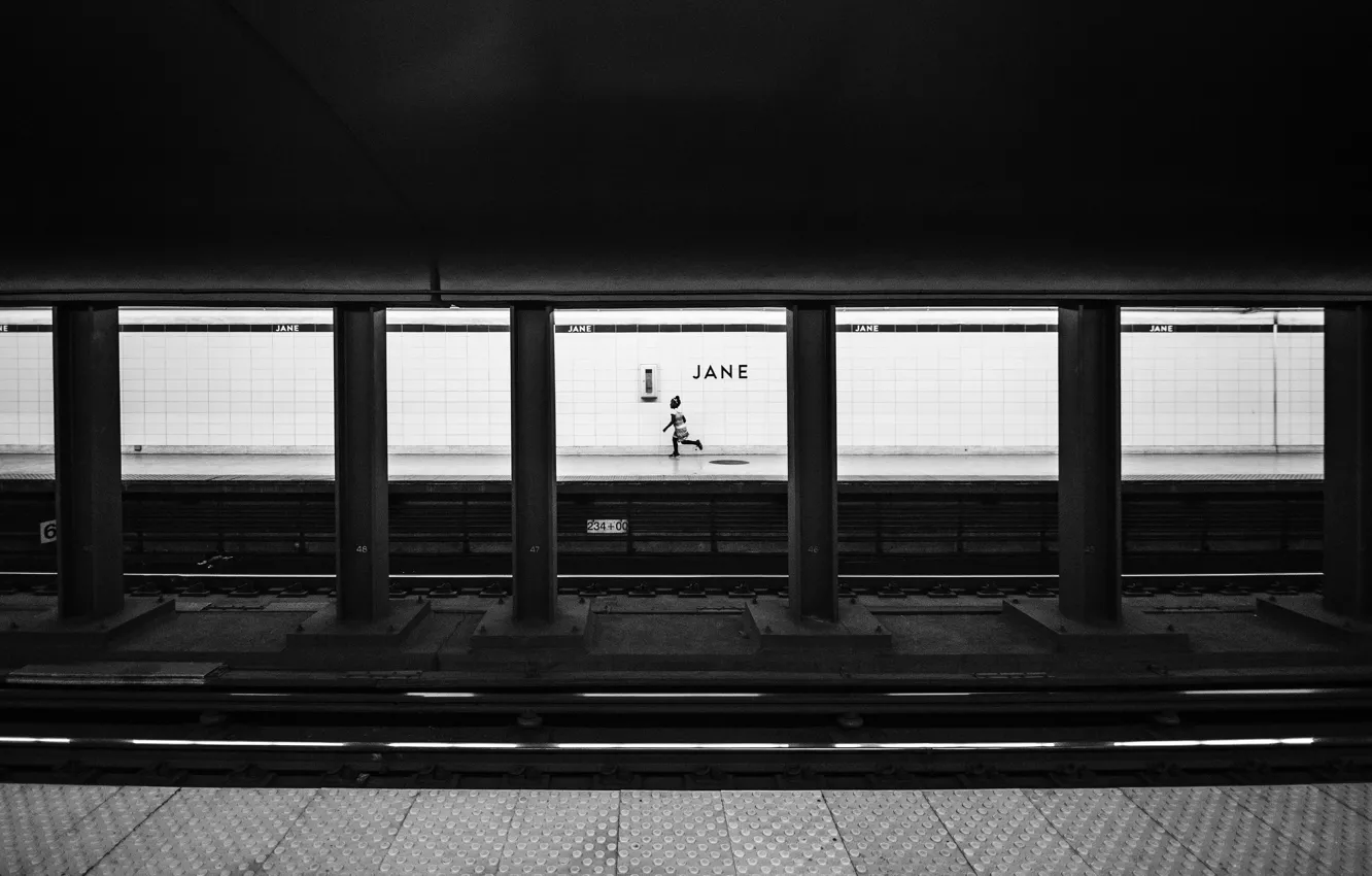 Photo wallpaper underground, child, black and white, metro, rails, b/w, columns, sub train