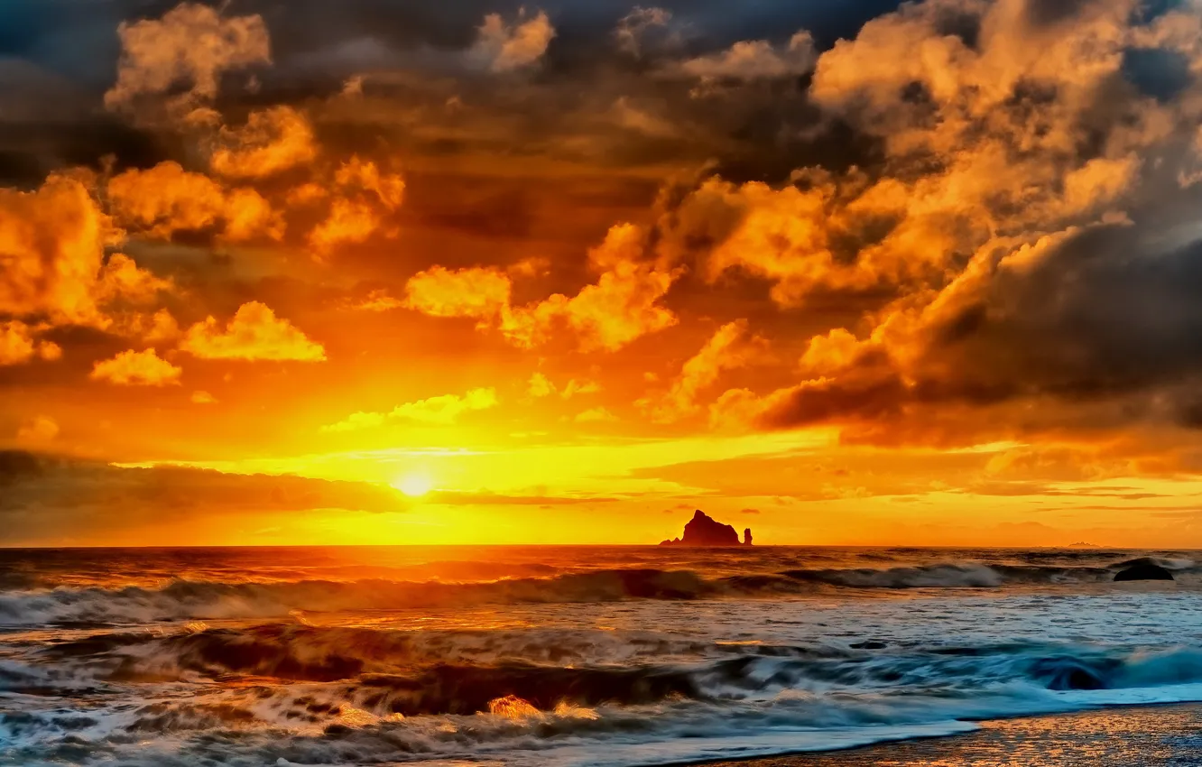 Photo wallpaper sea, beach, sunset, rocks