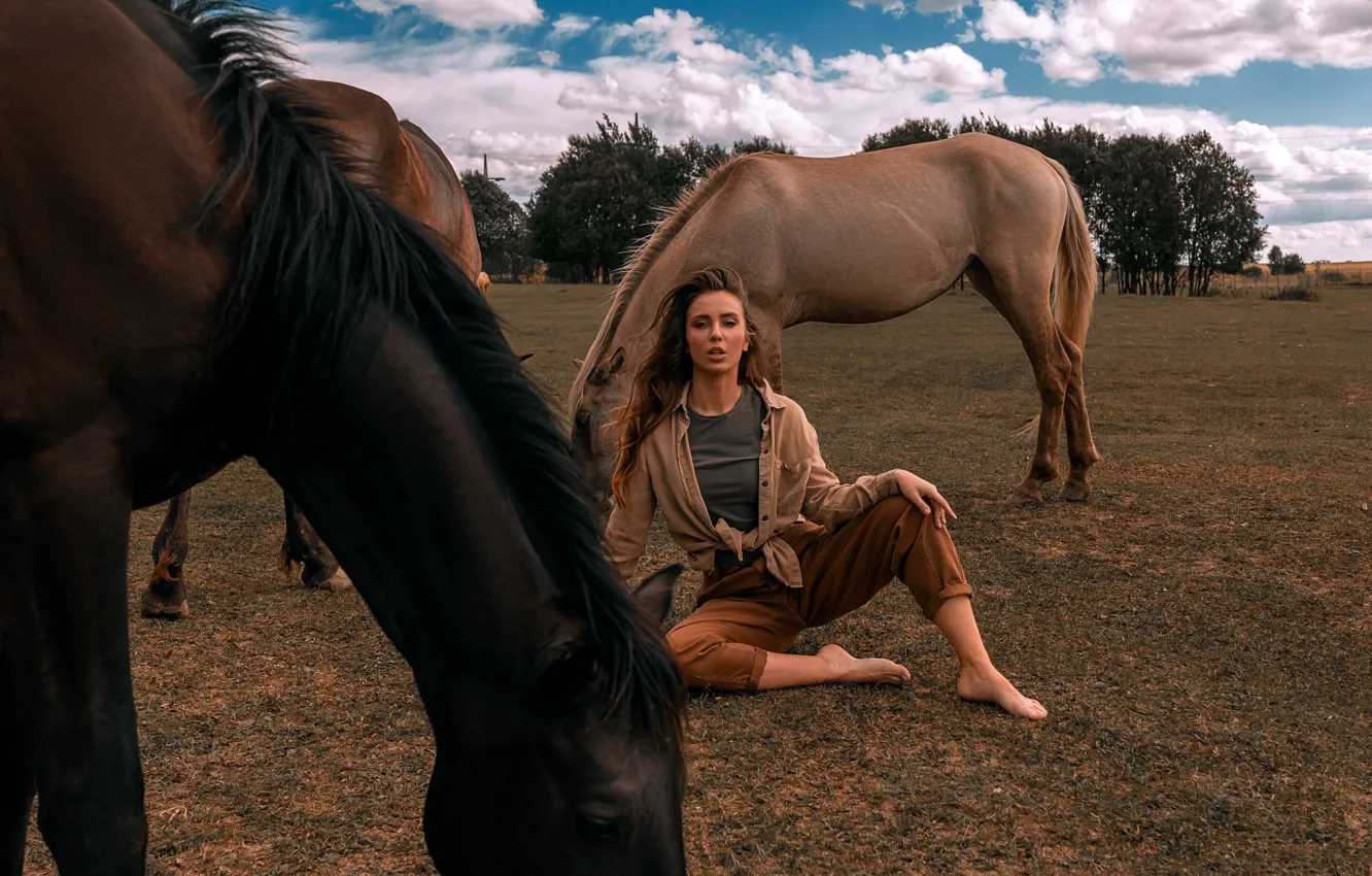 Photo wallpaper field, look, clouds, trees, landscape, nature, pose, model
