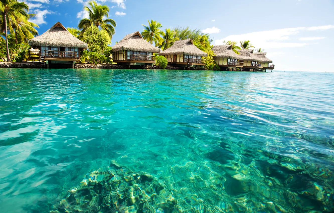 Photo wallpaper tropics, the ocean, resort, Laguna, Bungalow, Bora-Bora, Polynesia