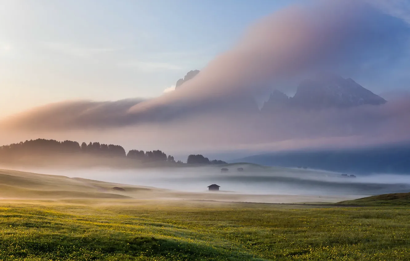 Photo wallpaper field, the sky, fog, Italy, Dolomites, Alpe di Siussi