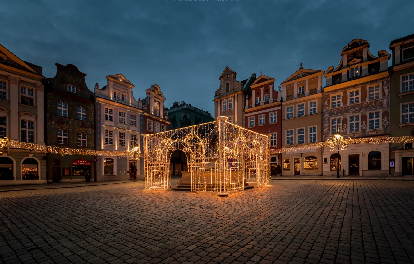 Photo wallpaper night, lights, home, area, Poland, garland, Poznan