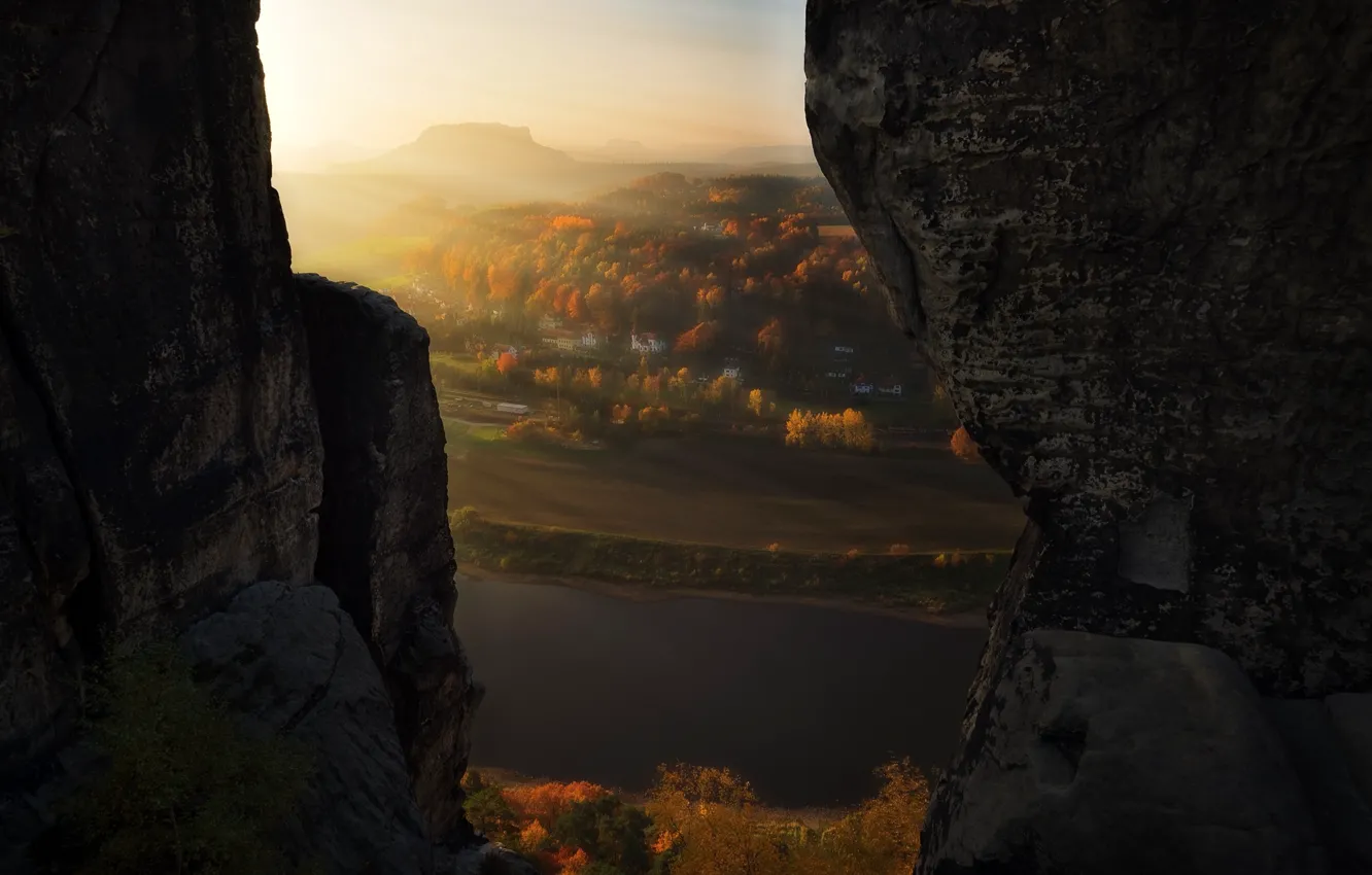 Photo wallpaper light, rocks, view, valley, haze