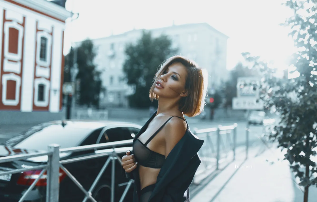 Photo wallpaper chest, girl, the city, pose, street, linen, jacket, bra
