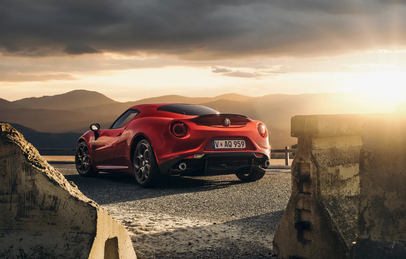 Photo wallpaper Red, Car, Sunset, Sport, Launch Edition, Rear, 2015, Alfa-Romeo