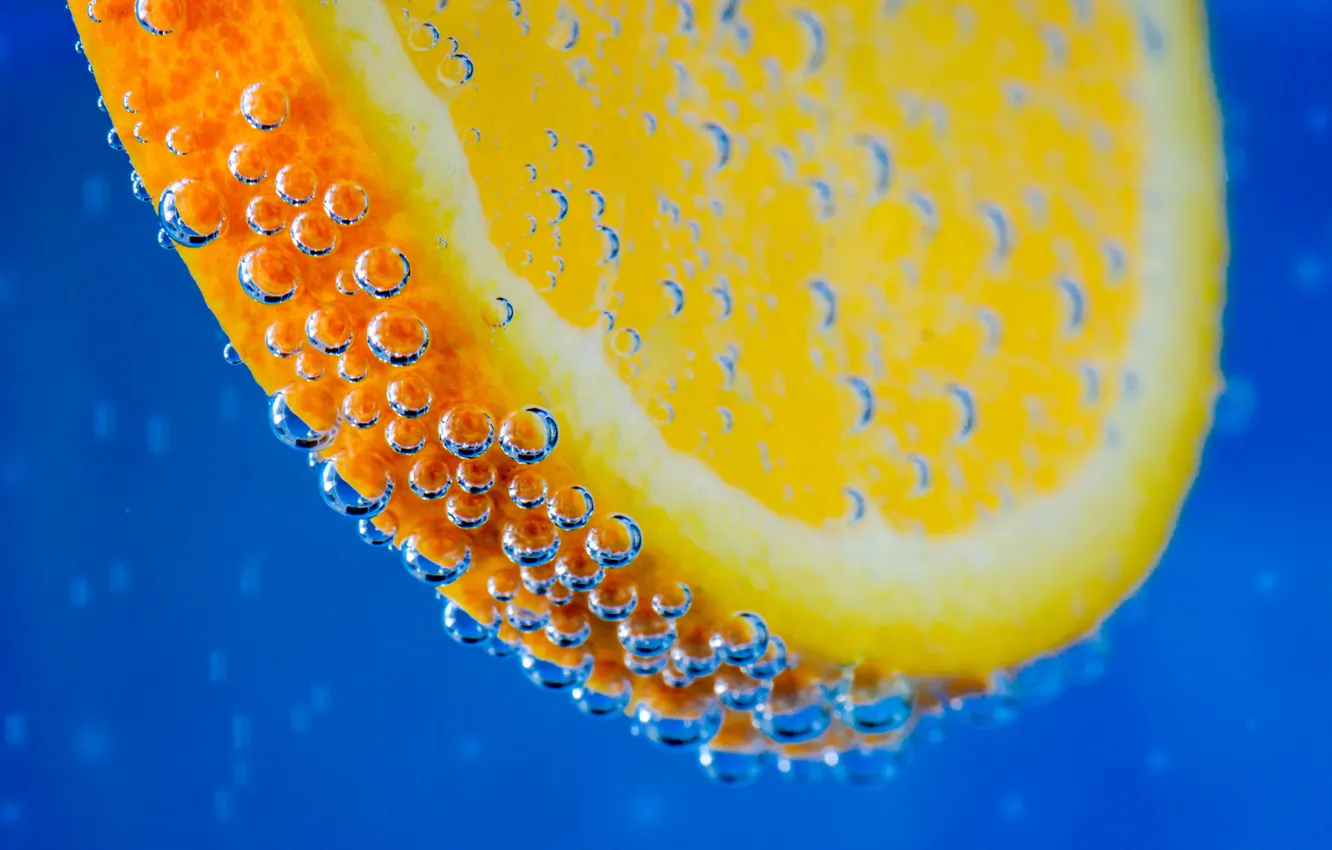 Photo wallpaper bubbles, bubbles, fruit, Orange, in the water