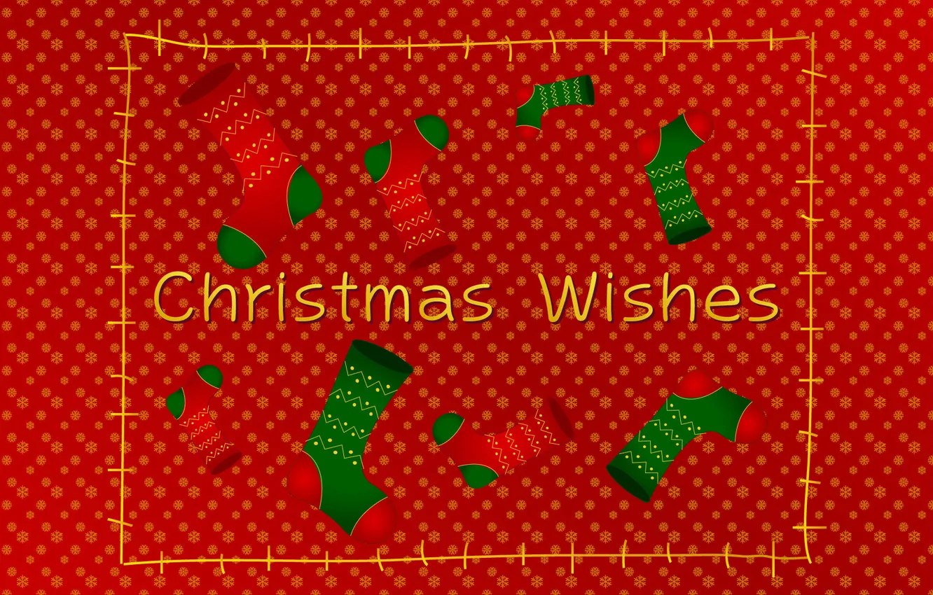Photo wallpaper snow, snowflakes, holiday, new year, socks, christmas, red background, happy new year