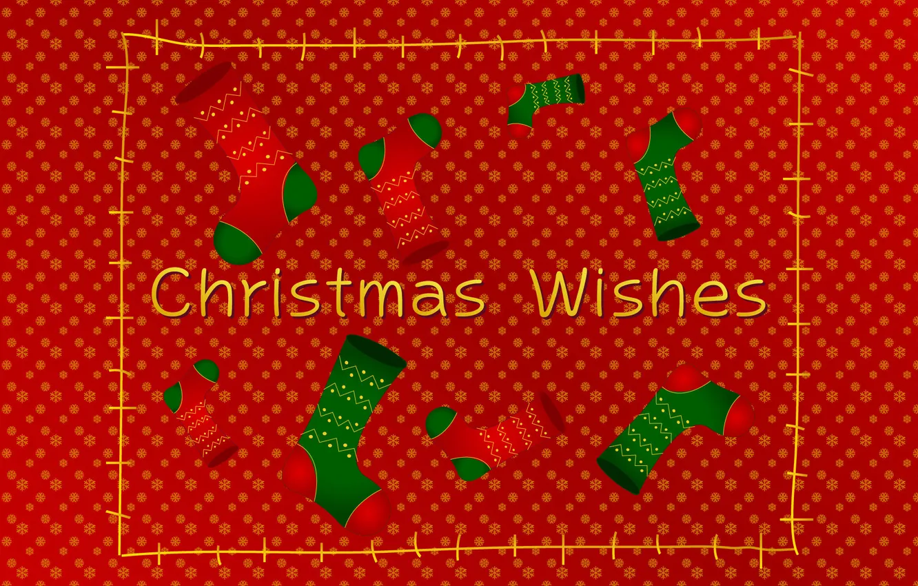 Photo wallpaper snow, snowflakes, holiday, new year, socks, Christmas, red background, happy new year