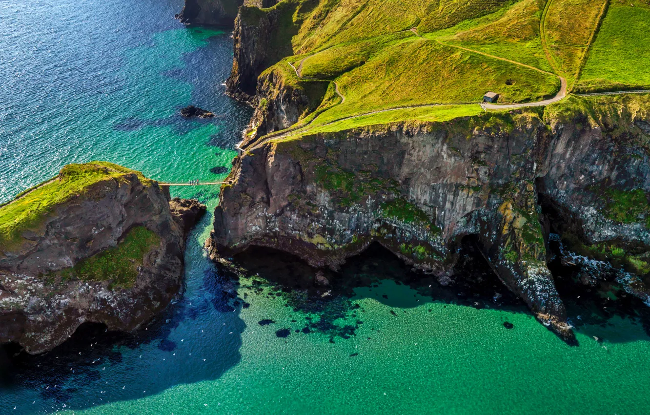 Photo wallpaper road, sea, people, rocks, Northern Ireland, rope bridge, Ballintoy, Carrick-a-Rede