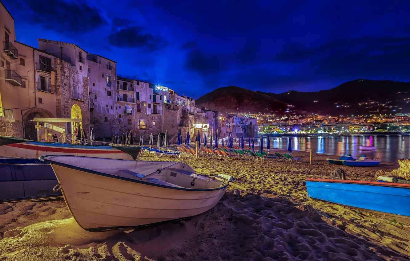 Photo wallpaper sand, beach, night, lights, boat, home, Italy, Sicily