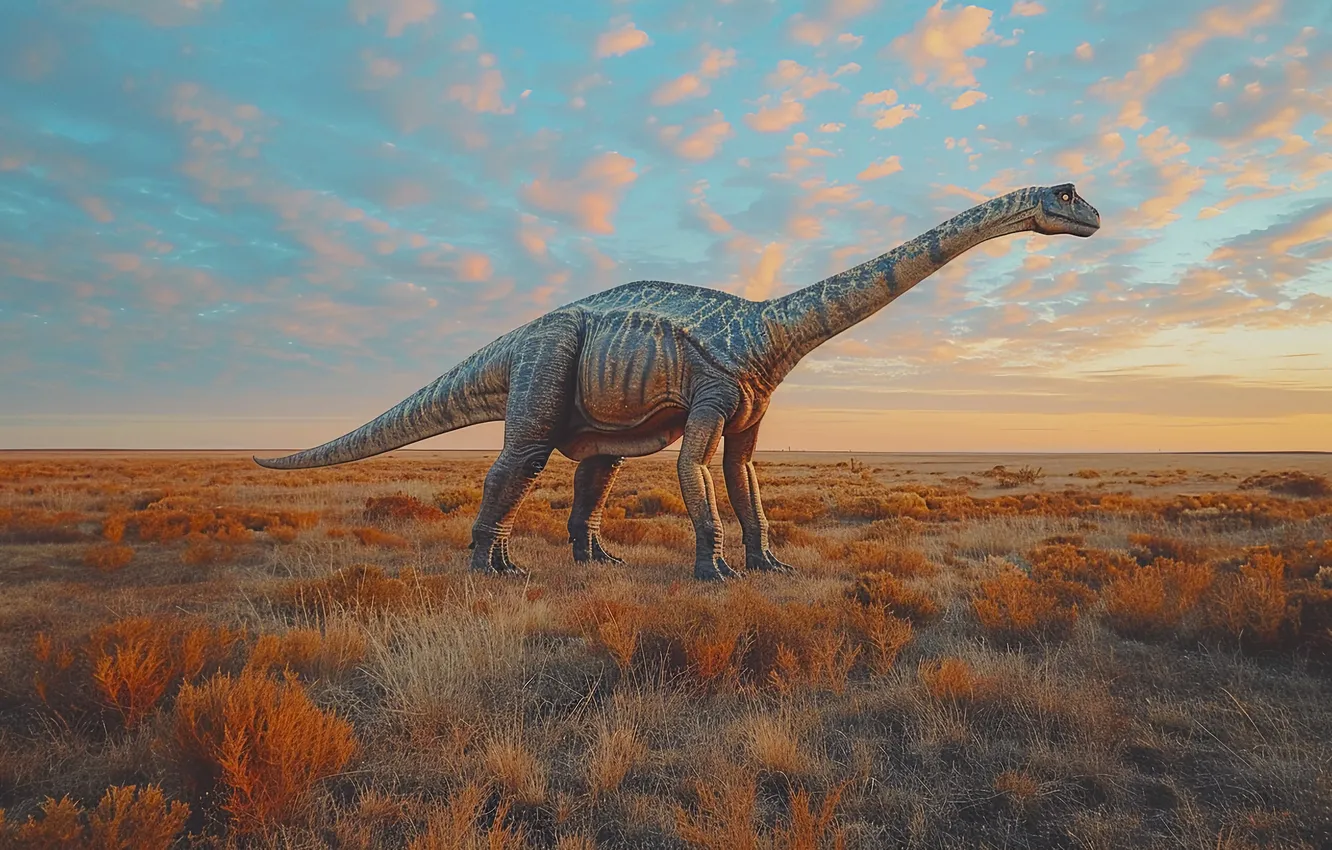 Photo wallpaper grass, clouds, animal, dinosaur, tail, neck, digital art, Ancient animals