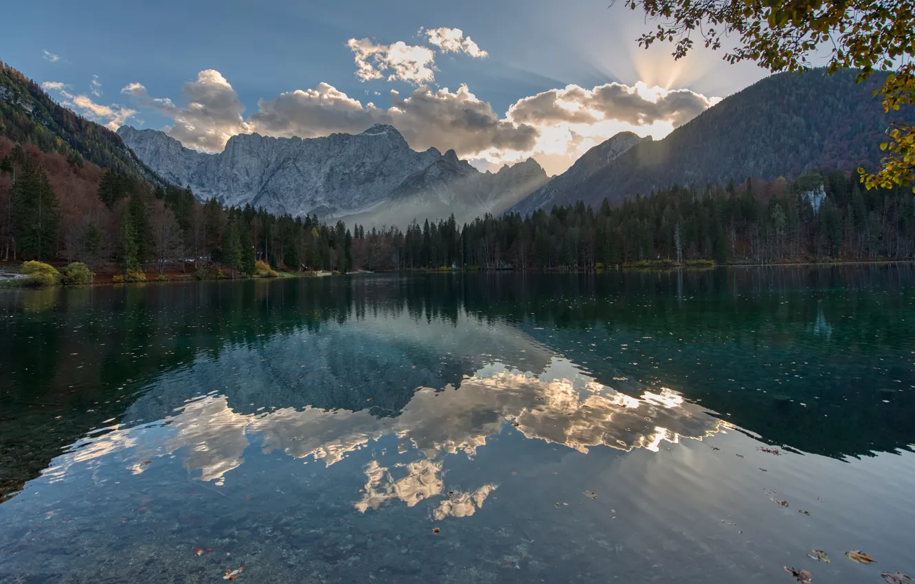 Photo wallpaper autumn, forest, the sky, the sun, clouds, rays, light, mountains
