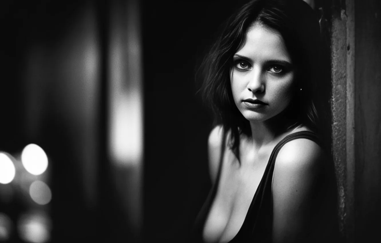 Photo wallpaper look, girl, face, image, monochrome, black and white photo, digital art, AI art